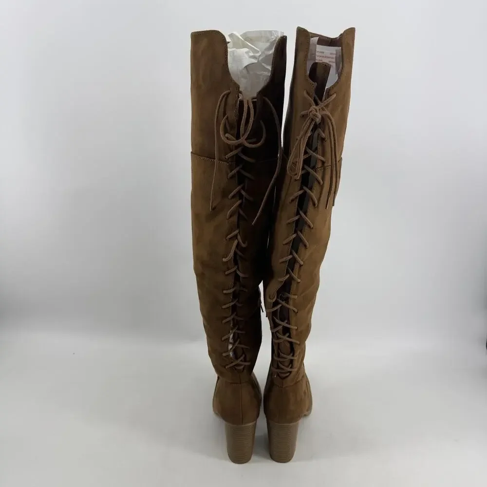 Soda Over The Knee Riding Boots Womens 8.5 Chestnut Faux Suede Lace Up Aspire-S
